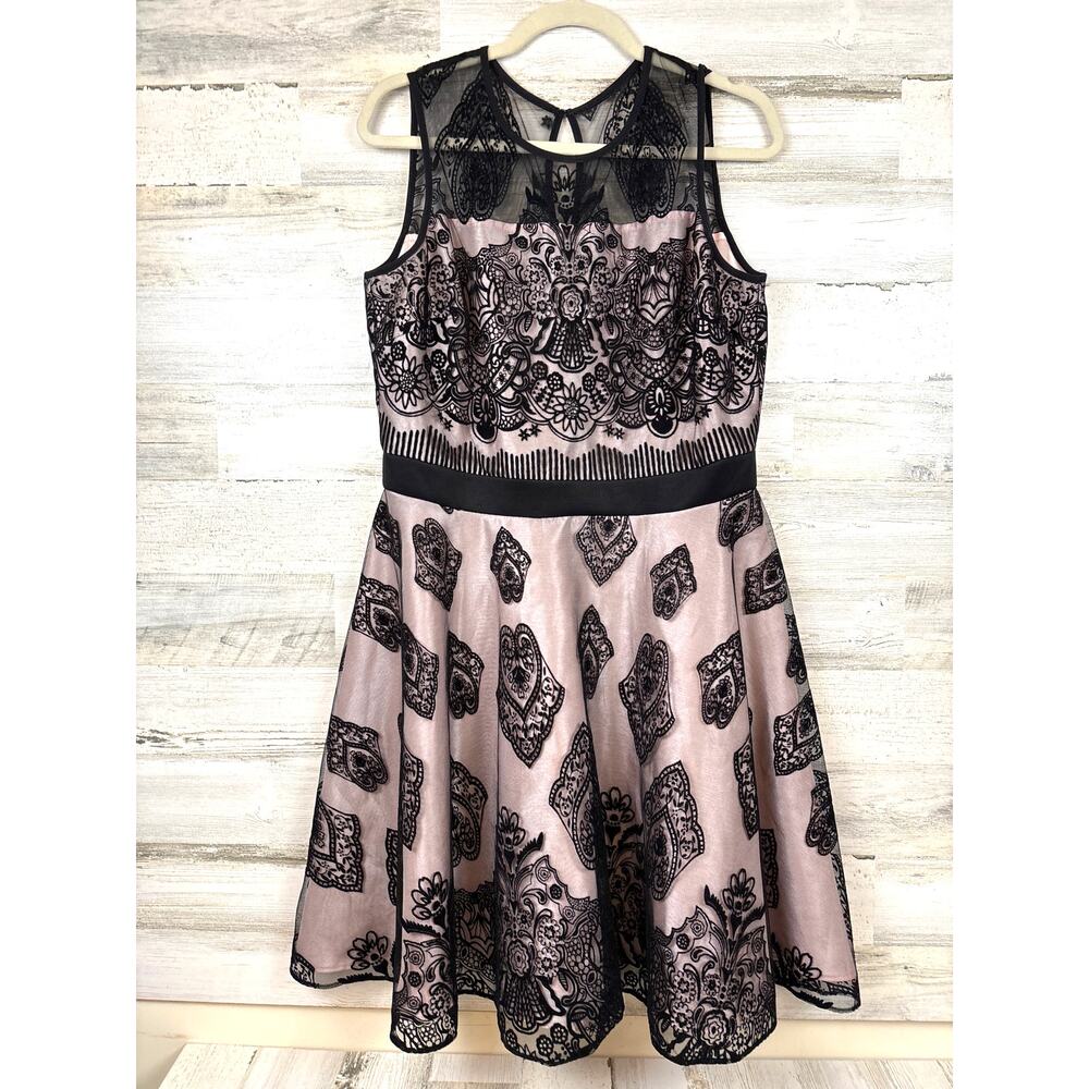 J. Taylor Womens 14 Black Pink Lace Sleeveless Cocktail Party Midi Dress Prom